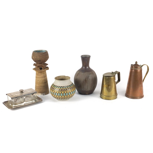 142 - Sundry items including studio pottery, copper flagon and cut glass silver plated condiment set