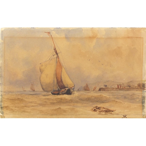 246 - Marine scenes, two 19th century watercolours on card, each bearing a monogram VA, unframed, each 18.... 