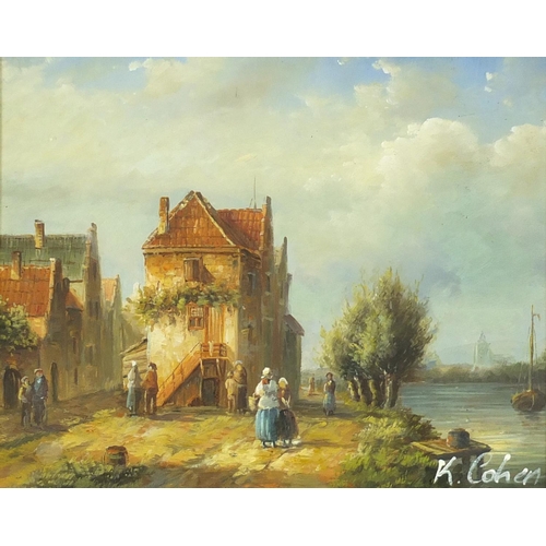 285 - Figures by a canal, Dutch school oil on panel, mounted and framed, 24cm x 19cm