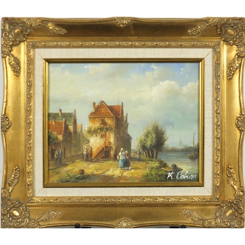 285 - Figures by a canal, Dutch school oil on panel, mounted and framed, 24cm x 19cm