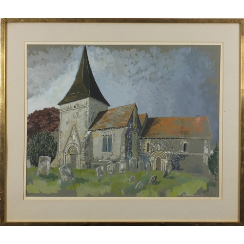 74 - Manner of John Piper - Patrixbourne church, watercolour, inscribed verso, mounted and framed, 62cm x... 