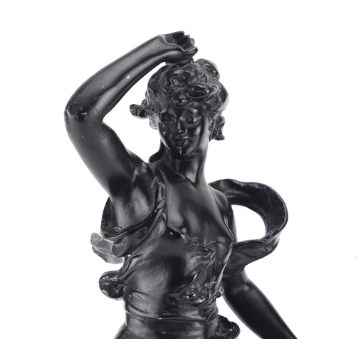 2106 - Pair of classical Spelter figurines raised on circular ebonised bases, Bataille Des Fleurs and A Sur... 