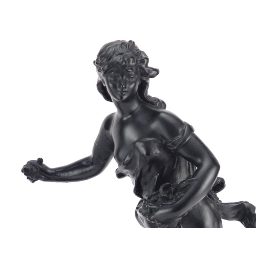 2106 - Pair of classical Spelter figurines raised on circular ebonised bases, Bataille Des Fleurs and A Sur... 