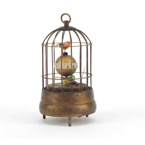 2110 - Clockwork automaton musical bird cage alarm clock, 17cm high