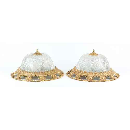 26 - Pair of ornate gilt brass and glass lights, 36cm in diameter