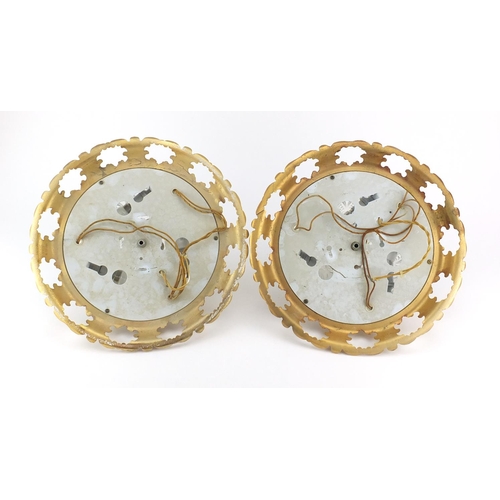 26 - Pair of ornate gilt brass and glass lights, 36cm in diameter
