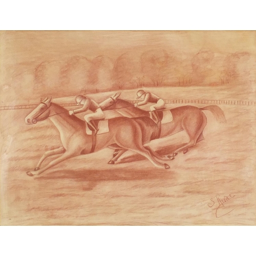 40 - S Rivat - Horseracing scene, impressionist sanguine chalk, Charles & Co label verso, mounted and fra... 