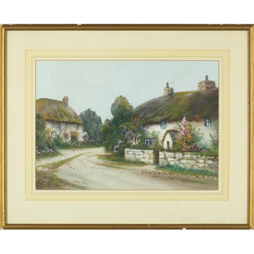 45 - Iginald Daniel Sherrin - Thatched cottages and gardens, watercolour, mounted and framed, 34.5cm x 24... 