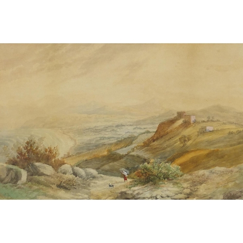 43 - Copley Fielding - Figure with dog on a hilltop before the coast, 19th century heightened watercolour... 