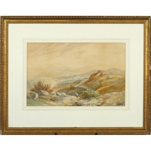 43 - Copley Fielding - Figure with dog on a hilltop before the coast, 19th century heightened watercolour... 