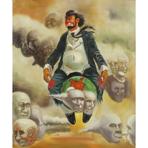 46 - Surreal clown in the sky, Italian school oil on board, bearing a signature Pino, 60cm x 49cm