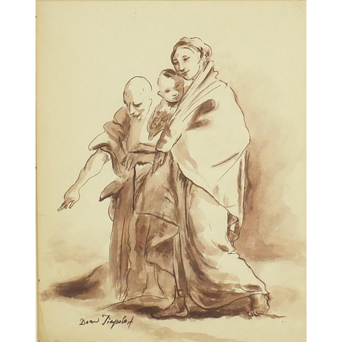44 - Mother with child, continental school ink and wash on card, bearing an indistinct signature possibly... 