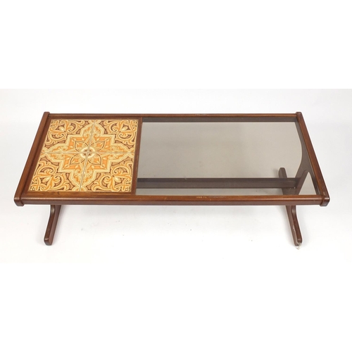 11 - 1970's G-Plan teak tile and glass top coffee table, 45cm H x 121cm W x 49cm D