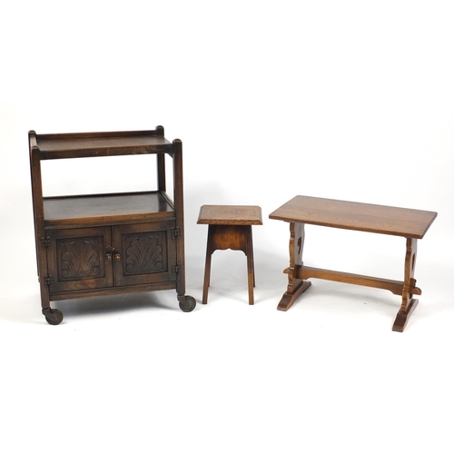 32 - Oak tea trolley and two occasional tables