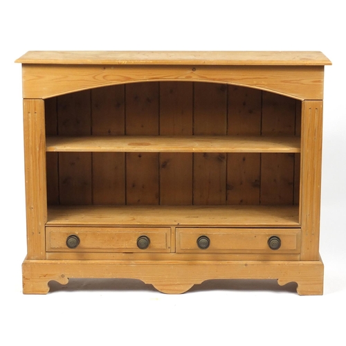 9 - Pine bookcase with two drawers to the base, 94.5cm H x 121cm W x 30cm D