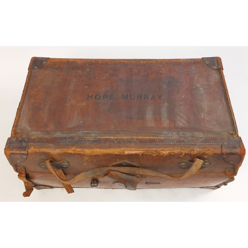 21 - Large vintage leather trunk with three drawers, J Foot & Son Ltd label, 38cm H x 91cm W x 52cm D