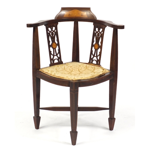 25 - Edwardian inlaid mahogany corner chair, 81cm high