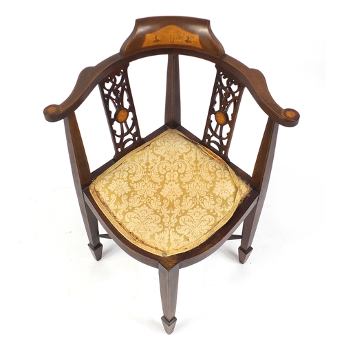 25 - Edwardian inlaid mahogany corner chair, 81cm high