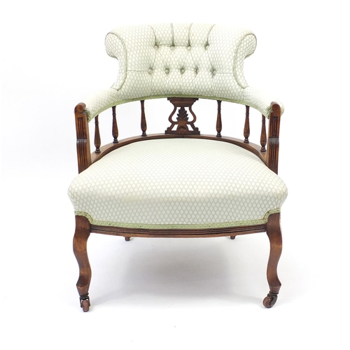 2014 - Mahogany framed bedroom chair with button back upholstery, 75cm high