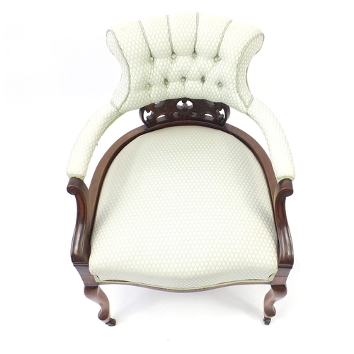 2008 - Mahogany framed bedroom chair with button back upholstery, 80cm high