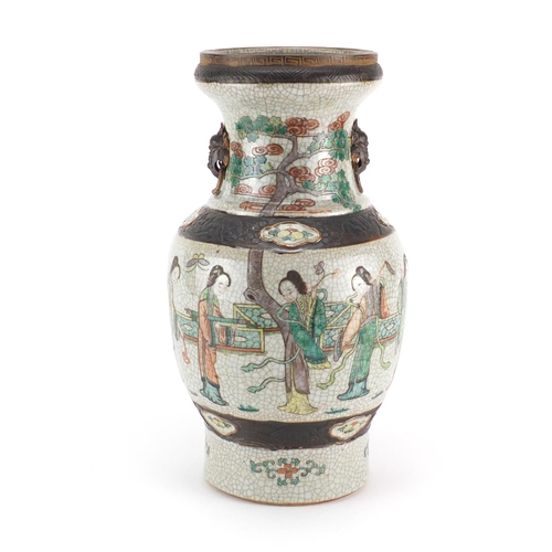 2145 - Chinese crackle glazed vase with elephant head ring handles, hand painted in the famille verte palet... 