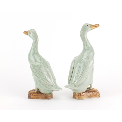 2189 - Near pair of Chinese celadon glazed porcelain ducks, each 26cm high