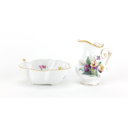 2129 - Meissen Strew Flowers pickle dish and a Berlin jug hand painted with flowers, the largest 10cm high