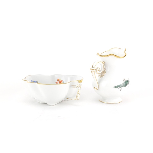 2129 - Meissen Strew Flowers pickle dish and a Berlin jug hand painted with flowers, the largest 10cm high