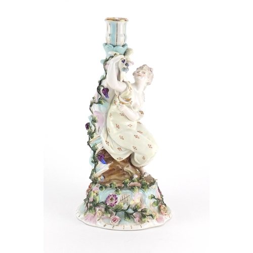 2102 - 19th century German porcelain figural candlestick by Plaue, 34cm high
