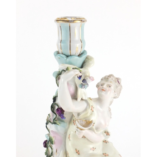 2102 - 19th century German porcelain figural candlestick by Plaue, 34cm high