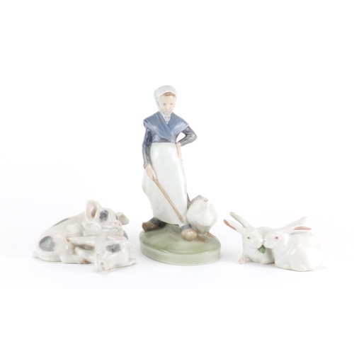 2119 - Royal Copenhagen figure with goose, pig group and rabbit group, the largest 18.5cm high