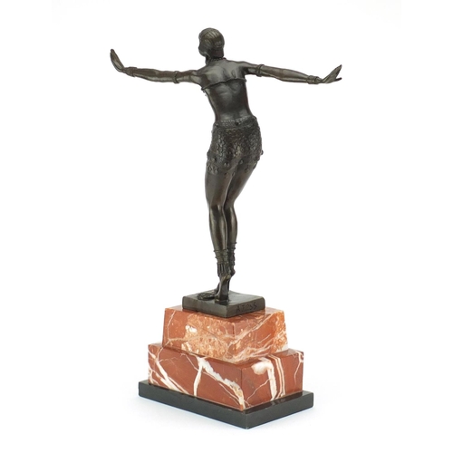 2022 - Large patinated bronze figure of an Art Deco dancer after D H Chiparus, raised on a stepped marble b... 