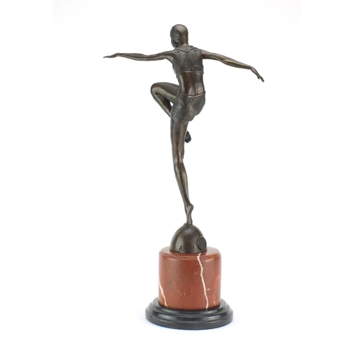2065 - Large patinated bronze figure of an Art Deco dancing after J Philipp, raised on a circular marble ba... 