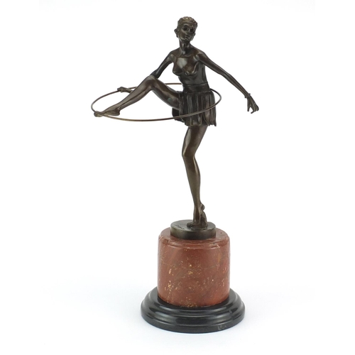 2004 - Large patinated bronze figure of an Art Deco semi nude hula hoopist after D Alonzo, raised on a circ... 
