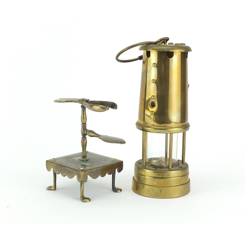 2072 - Antique brass wax jack and a miners lamp