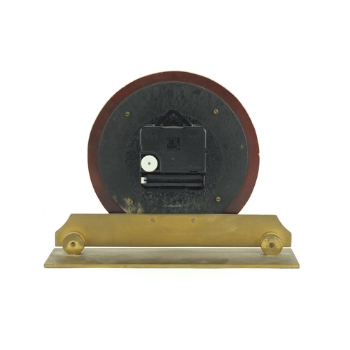 2069 - Art Deco chrome, brass and peach glass desk clock with Arabic numerals, 16.5cm high