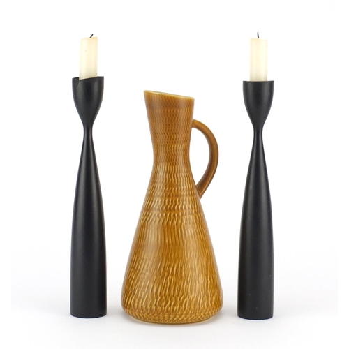 2177 - Pair of Danish teak candle holders by PM and a mid century pottery pitcher by Boveskov Stentoj, the ... 