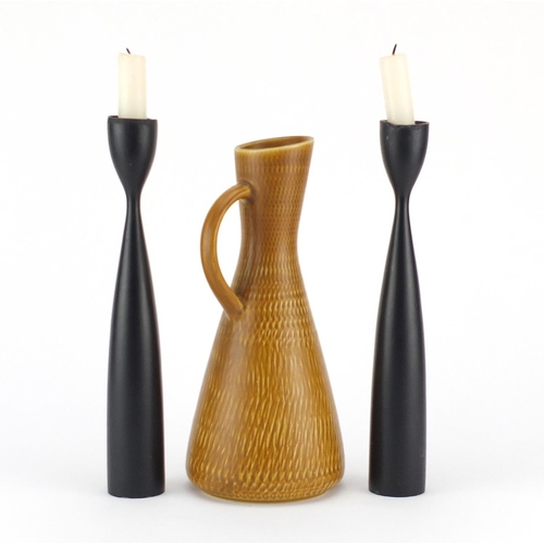 2177 - Pair of Danish teak candle holders by PM and a mid century pottery pitcher by Boveskov Stentoj, the ... 