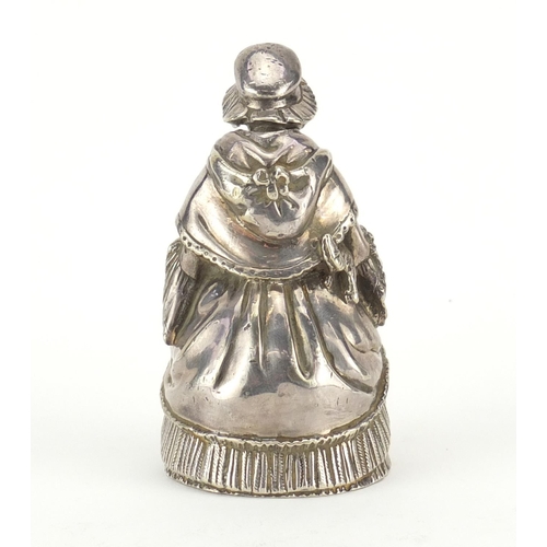 2120 - Victorian Elkington & Co silver plated figural table bell in the form of a Victorian lady,  10.5cm h... 