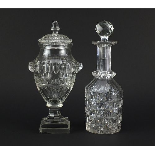 2118 - Regency cut glass urn and cover and a Georgian decanter, the largest 26cm high