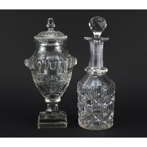 2118 - Regency cut glass urn and cover and a Georgian decanter, the largest 26cm high