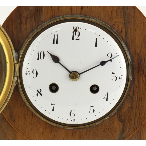 2107 - Victorian inlaid rosewood mantel clock with Japy Freres movement, the enamelled dial with Arabic num... 