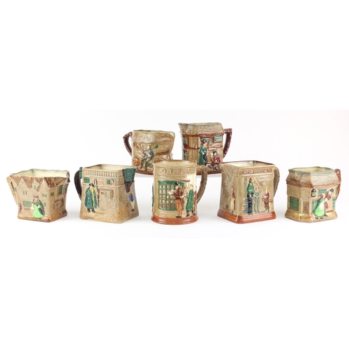 2050 - Seven Royal Doulton Series Ware jugs including Oliver Twist, Peggotty and Oliver Asks For More, the ... 