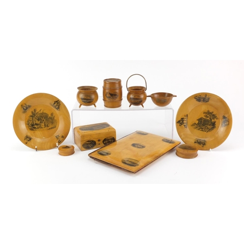 2293 - Mauchline Ware including a blotter, wall plates and cauldrons, the largest 23cm high