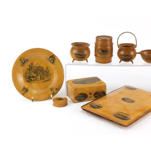 2293 - Mauchline Ware including a blotter, wall plates and cauldrons, the largest 23cm high