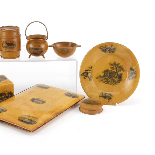 2293 - Mauchline Ware including a blotter, wall plates and cauldrons, the largest 23cm high