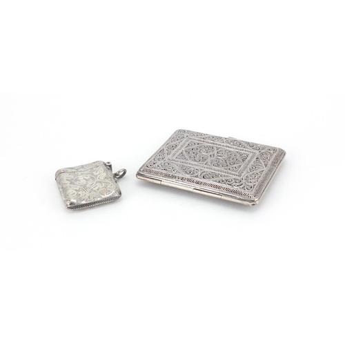 2252 - Rectangular silver vesta and a filigree cigarette case, the largest 9cm in length