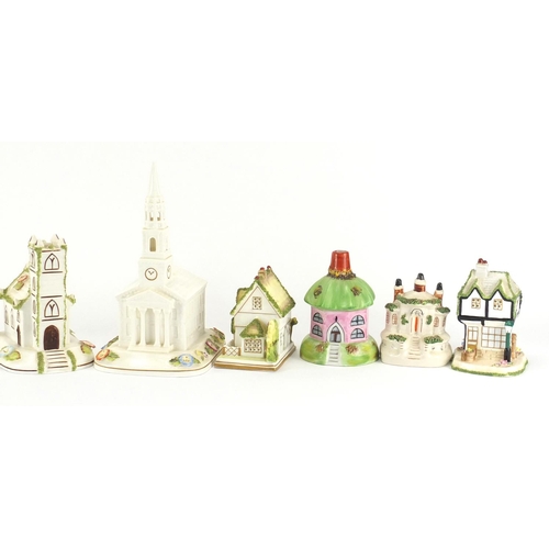 2046 - Eleven pastille burners, seven by Coalport including The American Church, Village Church and Pagoda ... 