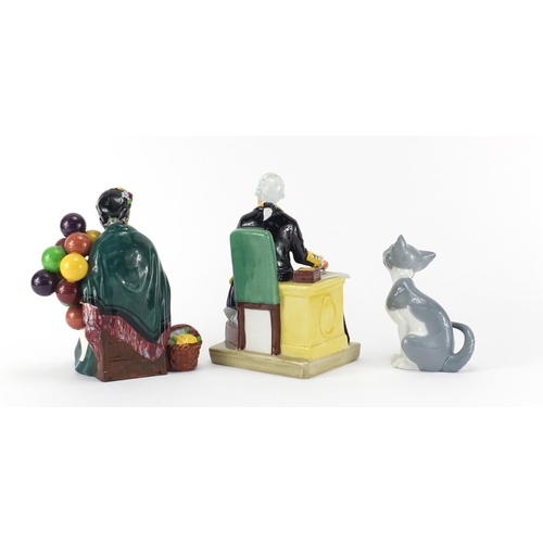 2077 - Lladro cat and two Royal Doulton figures, Captain Cook HN2889 and The Old Balloon Seller HN1315, the... 