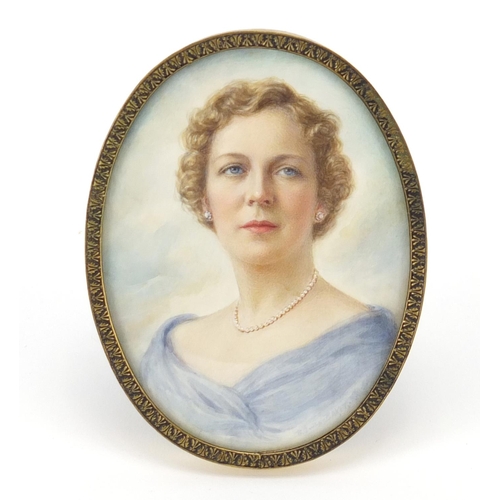 2312 - Oval hand painted portrait miniature of a female wearing a pearl necklace, by B Owen Baker RMS, hous... 